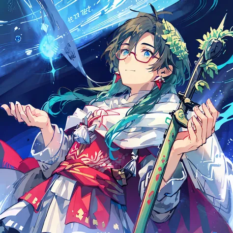 Man with glasses、man in his 30s、Looking up from diagonally down、dark background、blue and green pastel coloragic effect、wizard、detailed、watercolor painting、red earrings、Ruins covered with ivy、