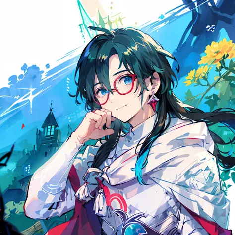 Man with glasses、man in his 30s、casual clothes、Youth clothing、Elegant、Looking up from diagonally down、dark background、green and blue pastel coloragic effect、wizard、detailed、watercolor painting、red earrings、Ruins covered with ivy、underwater、