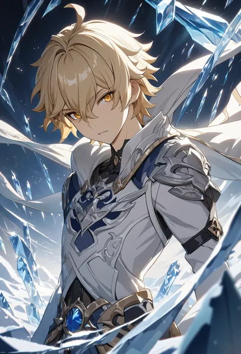 ((solo)), yellow eyes, blond hair, short messy hair, a close up of a person with a sword in a field of ice, detailed key anime a...