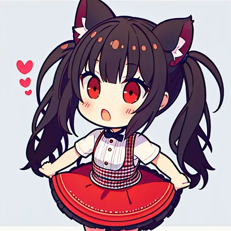 1 chica, chibi, Cup of coffee, symmetrical pose, cola, kawaii, en taza, speak from the heart, ,((long hair with pigtails and a black fringe with cat ears, beautiful red eyes)), (simple restaurant background)