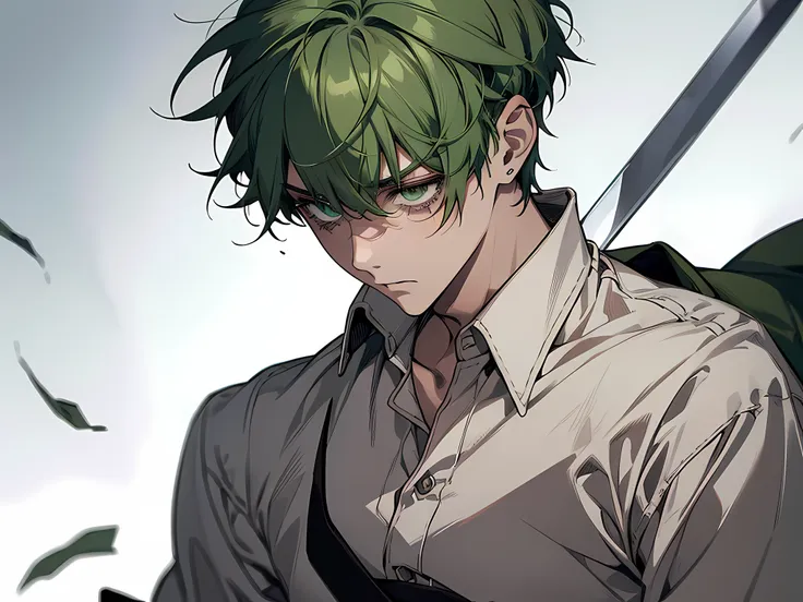 image of a boy with bandages on his face, he has wounds on face, green eyes, green hair, smooth hair, short hair, crying, gettin...