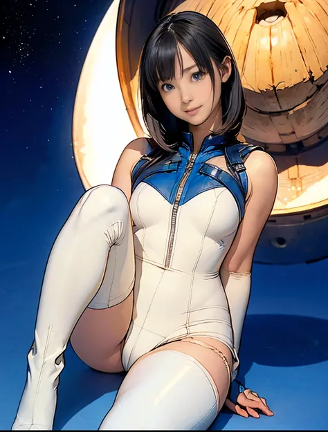 (masterpiece、best quality、Highest resolution、Clear_image、detailed details): (full body picture、15 year old girl、Japanese face、small face、thin、Navy blue super short bob、blue eyes、Blue and Black Shiny Aviator Suit、Armor that protects the chest、tight clothes、...