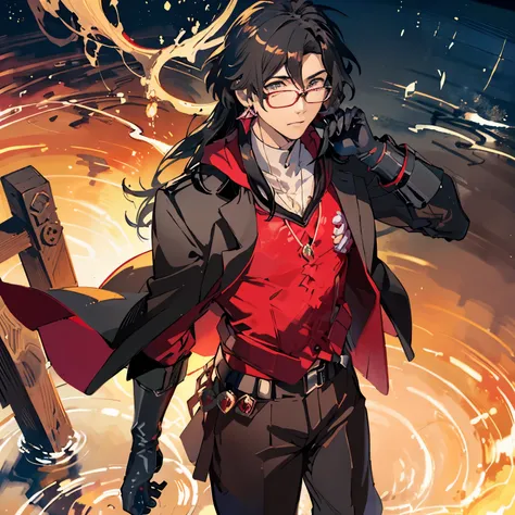 Man with glasses、man in his 30s、casual clothes、hoodie with hood、Youth fashion、suit、Elegant、Looking up from diagonally down、dark background、red and yellow pastel coloragic effect、wizard、detailed、watercolor painting、red earrings、Ruins covered with ivy、underw...