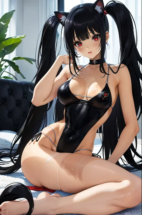 de primera calidad、Extremidades completas、dedos completos、1 mujer hermosa,((long hair with pigtails and a black fringe with cat ears, beautiful red eyes)),lunar debajo del ojo、、sudor、Belleza esbelta、pelo liso、By the chestnut、((Maillot de enfermera blanco、e...