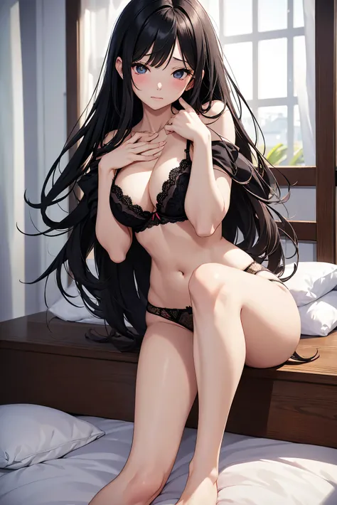 highest quality、complete limbs、full finger、1 beautiful woman、black haired woman、Beauty busty woman:1.3、straight hair woman、In underwear、black bra、Black panties、Bedroom、bed、Woman on her knees、Embarrassed face、blushing