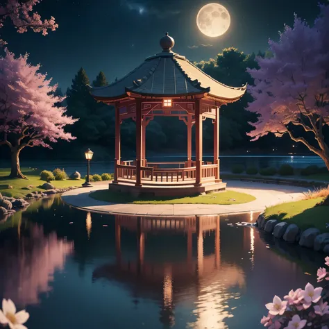 gazebo on the lake，shining water surface，night，Huge moon background，purple tone，Paper engraving x1.5，tilt shift，Cloud x1.3，Plum blossom x1.2，soft lighting，oriental elements，dream-like，pastel colour，bright colors，traditional chinese color scheme，reasonable ...