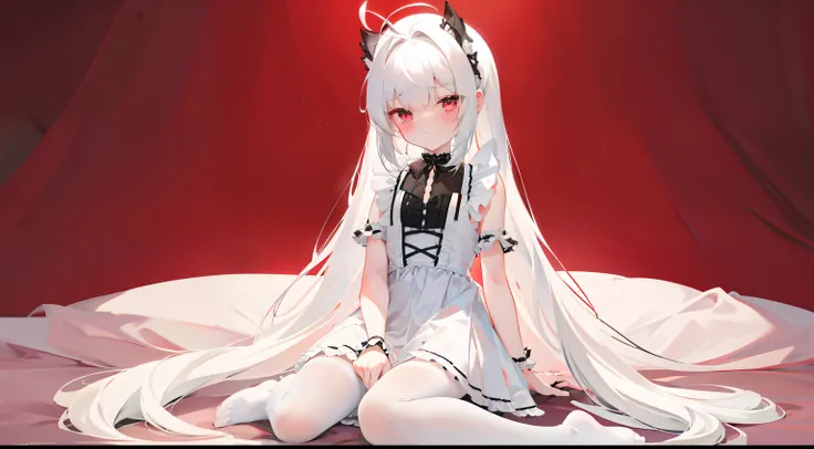 ahog,Bangs,side_ponytail,white_hair,Red_Eye,achieve,Awkward,permanent,Change,flat_Chest,slippers,shift skirtes,Render by Octane,Meticulous,Flower meadow,perspective,Cutout shoulders,from above,full body lesbian,view,整體view,,on top of bed,bedroom,high resol...
