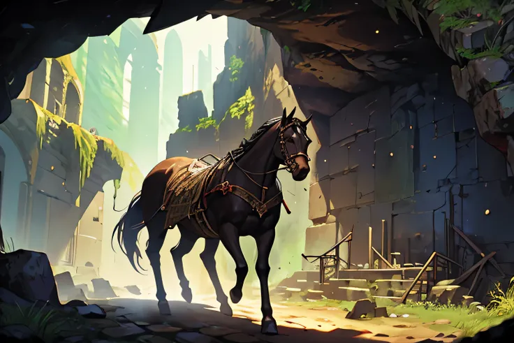 inspired by Medieval art, featuring a girl with intricate black hair braids, dismounting her majestic horse in front of an ancient ruin dungeon cave, dramatic lighting casting eerie shadows, worn stone textures, mystical atmosphere, fantasy genre, detailed...