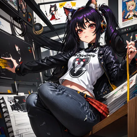 Una chica artista hermosa y sexy., ,((long hair with pigtails and a black fringe with cat ears, beautiful red eyes)), using headphones, una camiseta con capucha y jeans ajustados rotos, enorme gigantesco , escote mostrando, toneladas de tatuajes y piercing...