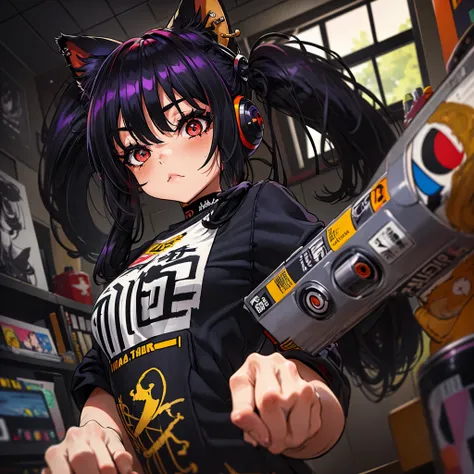 Una chica artista hermosa y sexy., ,((long hair with pigtails and a black fringe with cat ears, beautiful red eyes)), using headphones, una camiseta con capucha y jeans ajustados rotos, enorme gigantesco , escote mostrando, toneladas de tatuajes y piercing...