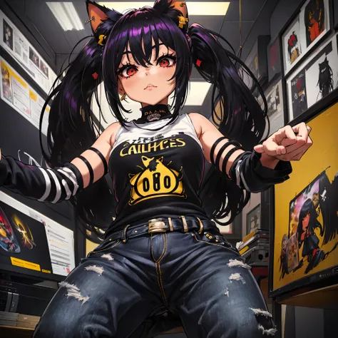 Una chica artista hermosa y sexy., ,((long hair with pigtails and a black fringe with cat ears, beautiful red eyes)), using headphones, una camiseta con capucha y jeans ajustados rotos, enorme gigantesco , escote mostrando, toneladas de tatuajes y piercing...