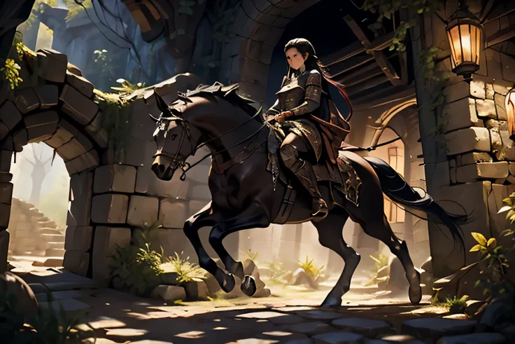 inspired by Medieval art, featuring a girl with intricate black hair braids, dismounting her majestic horse in front of an ancient ruin dungeon cave, dramatic lighting casting eerie shadows, worn stone textures, mystical atmosphere, fantasy genre, detailed...