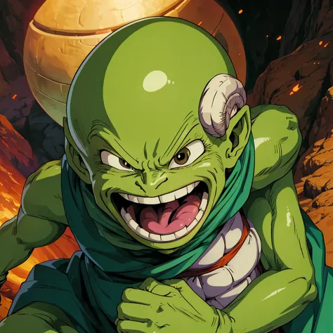 iconic Dragon Ball Z character Piccolo with a pepe meme face