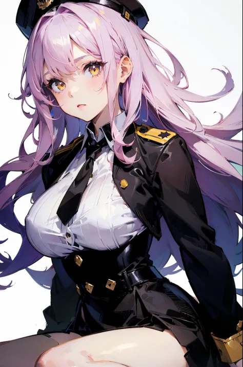 1 girl, alone, permanent, Upper body, pink hair, long hair, curls, Messy hair and yellow eyes, looking at the audience, collar, Black and white military uniform,Black police cap, white suit, black skirt, shorts, black stockings, (Dentate skin:1.2), Beautif...