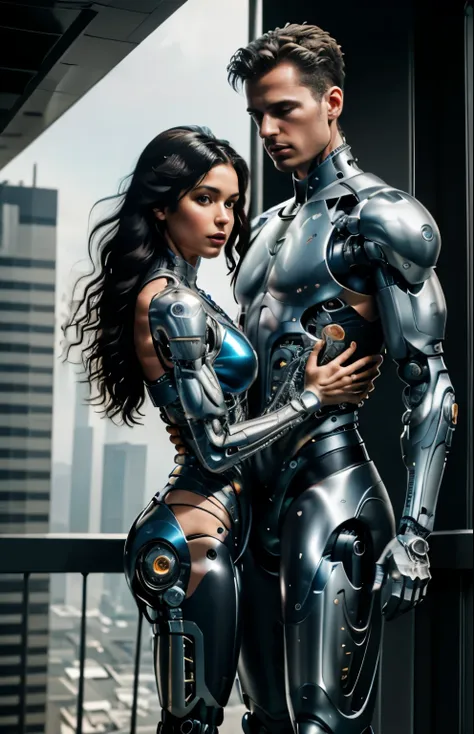 on the rooftop of a skyscraper, a male cyborg and a female cyborg engage in a sexual relationship. they are both depicted in stu...