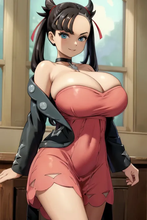 ((masterpiece,best quality)), absurdres, marnie, aqua eyes, black choker, red ribbon, pink dress, jewelry, black jacket, open clothes, long sleeves,  solo, smiling, looking at viewer, cowboy shot,  cinematic composition,  contrapposto, large breasts, micro...