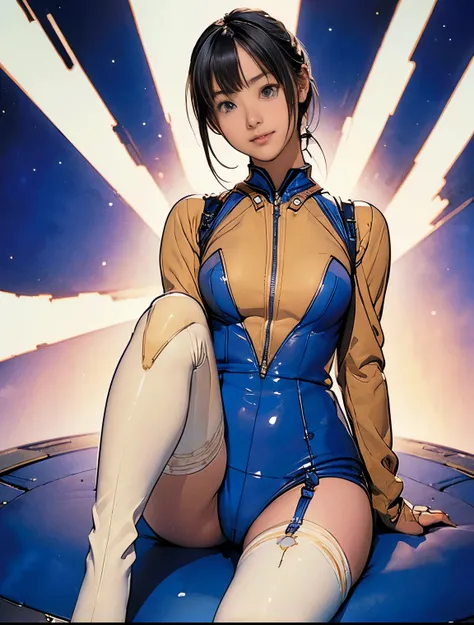 (masterpiece、best quality、Highest resolution、Clear_image、detailed details): (full body picture、15 year old girl、Japanese face、small face、thin、Navy blue super short bob、blue eyes、Blue and Black Shiny Aviator Suit、Armor that protects the chest、tight clothes、...