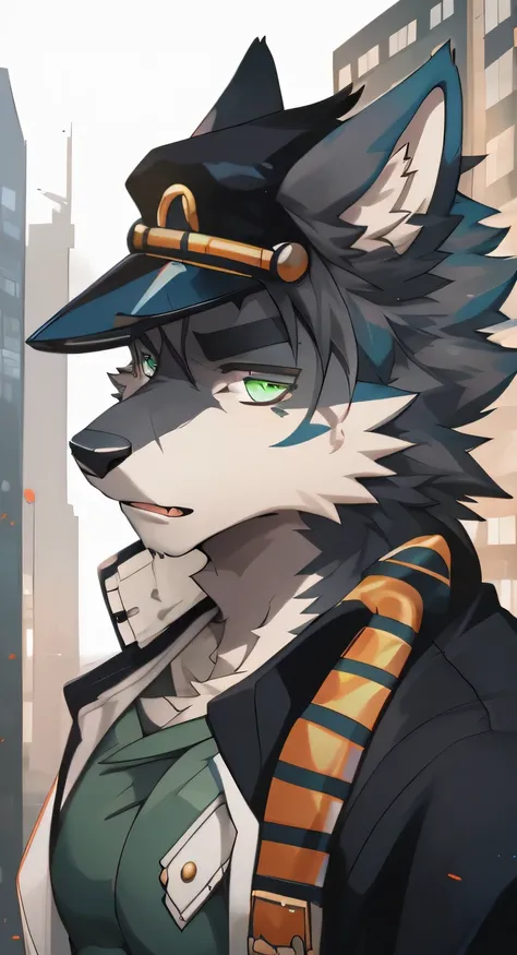 Gray wolf,grey ears,gray fur,City,green pupils,Handsome,youth,have a better figure,Long black coat,Wears a black cap,Cai Xukun's,4k HD,