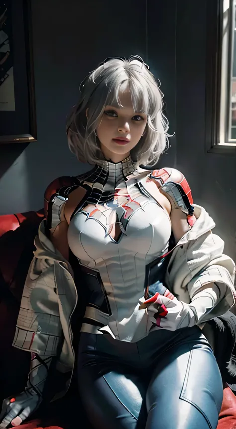 (Extreme Detail CG Unity 8K wallpaper, masterpiece, highest quality), (Exquisite lighting and shadow, highly dramatic picture, Cinematic lens effect), a girl in a white Spider-Man costume, silver gray hair color, from the Spider-Man parallel universe, Weng...