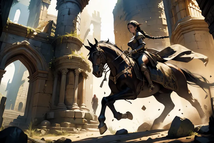 Medieval art, featuring a girl with intricate black hair braids, dismounting her majestic horse in front of an ancient ruin dungeon cave, dramatic lighting casting eerie shadows, worn stone textures, mystical atmosphere, fantasy genre, detailed illustratio...