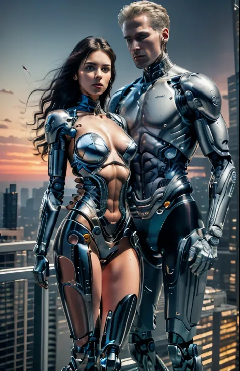 On the rooftop of a skyscraper, a male cyborg and a female cyborg engage in a sexual relationship. They are both depicted in stunning detail, with intricate details highlighting their magnificent anatomies. The scene is captured in the highest quality, sho...