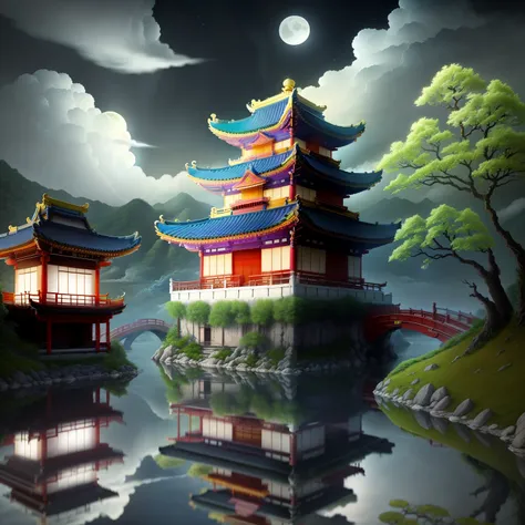 masterpiece, highest quality,guochiao\(style\), moon, architecture, scenery, east asian architecture, null, cloud, night, reflec...