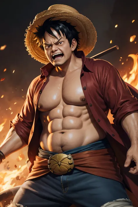 Detailed portrait of illustration,super fat 90 year old luffy,colored, angry, full body,detailing,4k resolution,