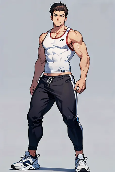 male，Wear sweatpants，Wearing a white tight vest，stand，whole body，sports shoes，blank background