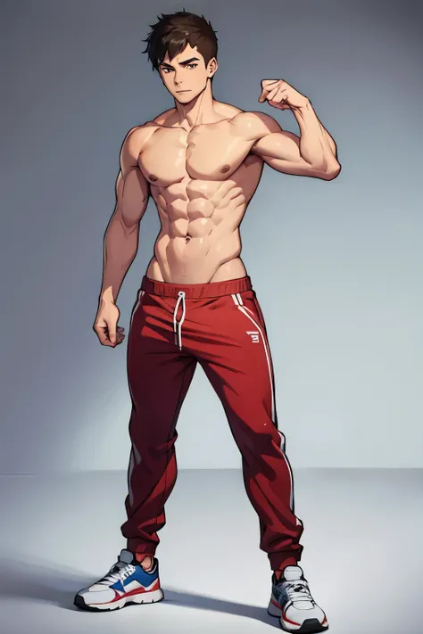 male，Wear sweatpants，Naked torso，stand，whole body，sports shoes，blank background