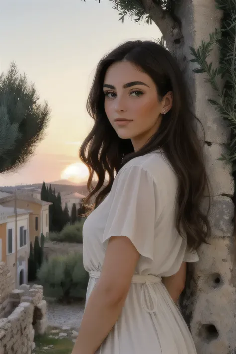 ((best quality)), ((masterpiece)), (detailed), perfect face, sunsetting in the background, young italian woman with hazel eyes, wearing a white tunic. she is looking off at the sunset, olive trees in the distance, ancient roman city in the background, anci...