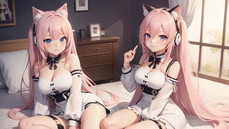 pink and white costume,funeral freelen,headphone,listen to music,anime girl, small details, 4k, 8K, 12k, one personで, one person, beautiful girl, white woman, , Cat ear, luxury room,Tenjiku bed,flaxen hair,(((highest quality))),((detailed and beautiful eye...