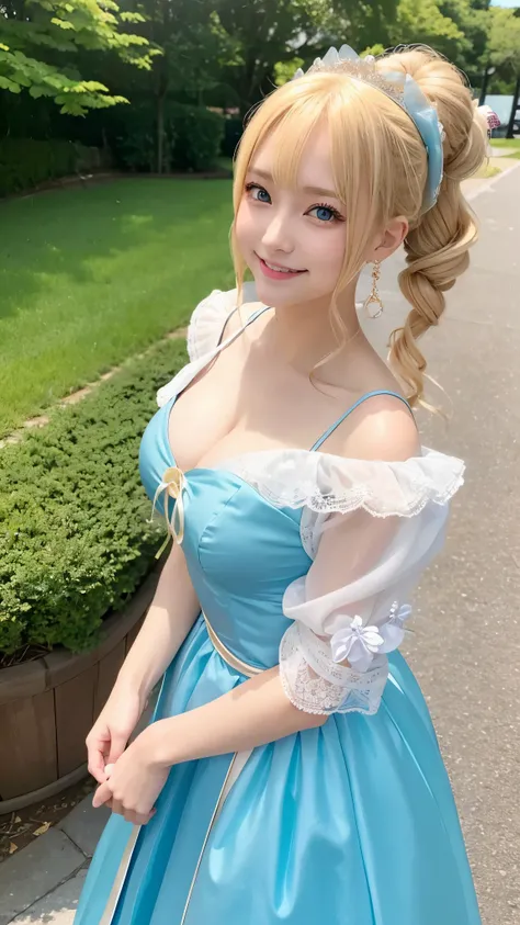 she is cosplaying as a princess、blonde short、smile、blue eyes、Colorful and fancy dresses、ponytail