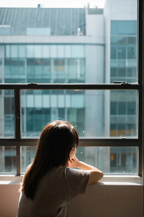 A girl studying looking outside from a room in a city building
