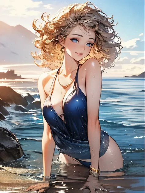 (highest quality,Super detailed,realistic:1.37),bright colors,portrait,golden lighting,wet skin,bikini,girl with beautiful eyes,lip whole,curly hair,gold accessories,Sparkling,beach background,sunlight reflects on the water surface,sexy stance,water drople...