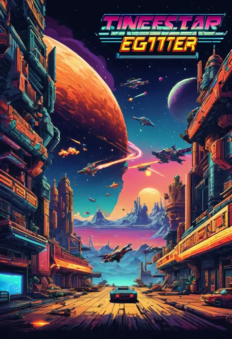 8-bit pixel retro gaming：Thunderbolt fighter,8-bit pixel art,retro game,vintage video game,arcade game,cyber world,action-packed,space battle,explosions,retro soundtrack,pixelated environment,spaceships,lasers,enemy aircraft,detailed scenery,colorful graph...