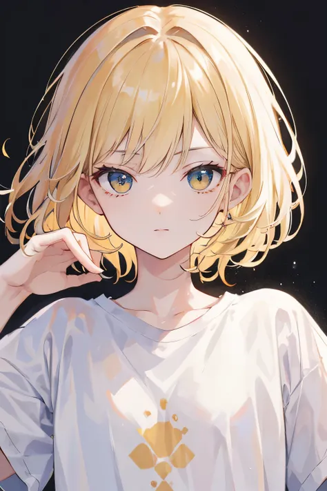 ((best quality)), ((masterpiece)), (detailed), perfect face anime with small  and blonde hair and one cutted hand with white t shirt and honey eye
