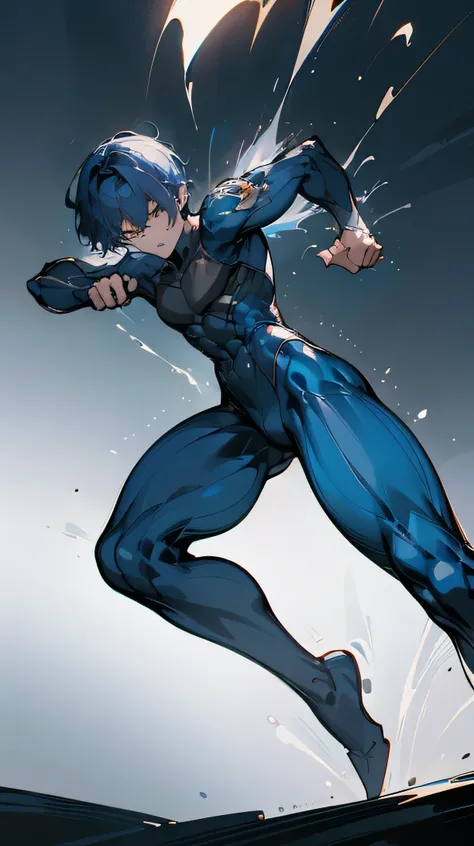 (best quality,4k,highres,masterpiece:1.2),ultra-detailed,realistic,blue-haired boy with short hair and piercing blue eyes in a vibrant blue suit and black armor. He is a superhero with a hand gun, ready for a fight. The artwork should showcase his full bod...