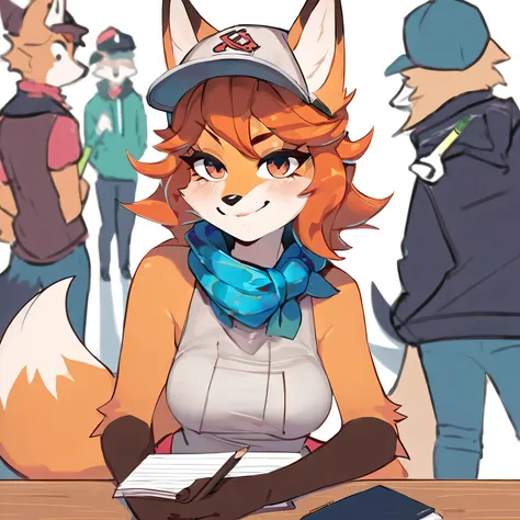 an image on a white background, cartoon style, a plump furry fox with wavy orange strands of hair in hooligan street clothes at a table draws in a notebook with pencils, eye color is brown-green, a bright blue-red scarf is casually tied around her neck, a ...