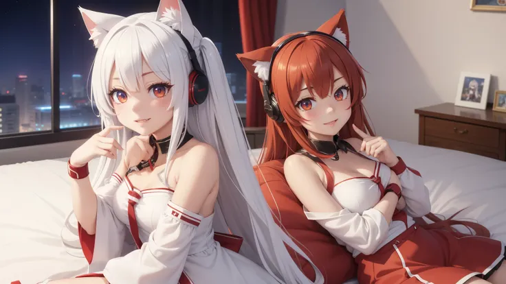 red and white costume,fun,carrot stuffed toy，headphone,listen to music,anime girl, one girl,small details, 4k, 8K, 12k,beautiful girl, white woman, , Cat ear, luxury room,Tenjiku bed,red hair,(((highest quality))),((detailed and beautiful eyes)),(eyelash),...