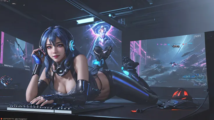 (best quality,4k,highres),ultra-detailed,physically-based rendering,(vivid colors:1.1),(playful expression:1.1),beautiful detailed eyes,beautiful detailed lips,cosplay costume,(dynamic pose:1.1),(dedication to gaming:1.1),energetic and action-packed atmosp...