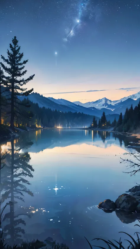 highres, HDR, moonlight, serene, peaceful, stars, reflection on water, mountains in the background, pine trees, mist, calm water, tranquil atmosphere, vibrant colors, breathtaking view, detailed textures, clear skies, city lights in the distance, picturesq...