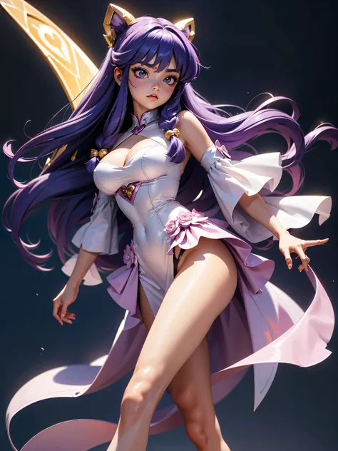 Garota anime de cabelo purple com saia vestido longo purple meio transparente e espartilho, 16 anos, corpo bonito, seios grandes, with hand on waist panties , hand in purple hair, Garota sexy, purple hair, mechas de cabelo laterais, mechas de cabelo na lat...