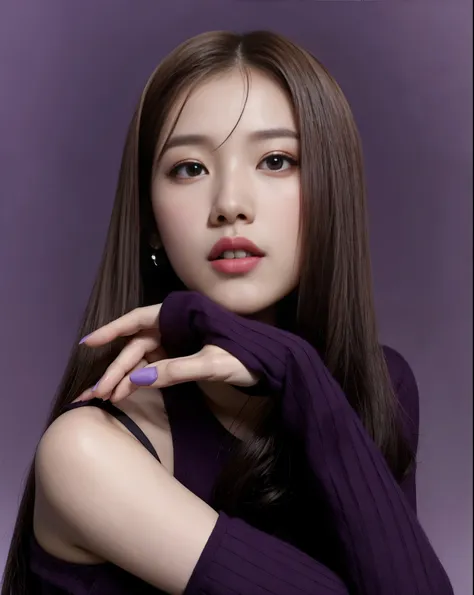 a closeup of a woman with long hair wearing a purple sweater, jaeyeon nam, retrato de jossi de blackpink, heonhwa choe, retrato ...