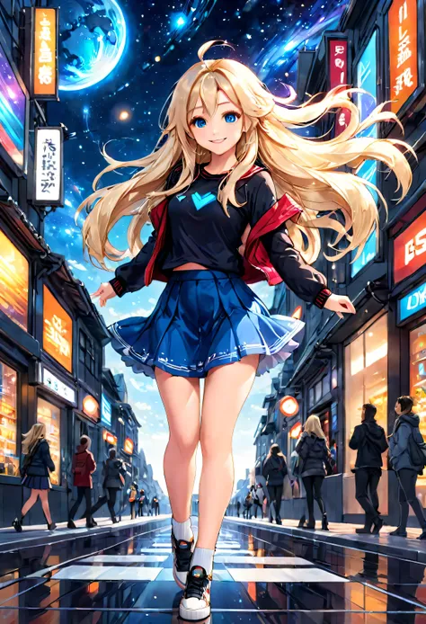 otherworldly city:1.0,full body description:1.0,beautiful feet:1.1,mini skirt,smile,1 beautiful girl,blue eyes:1.2,universe,long...