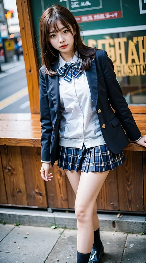 (8k、raw photo、highest quality、masterpiece:1.2)、(realistic、photoreal)、1 girl、((check mini skirt、loafer uniform、blazer、big breasts...