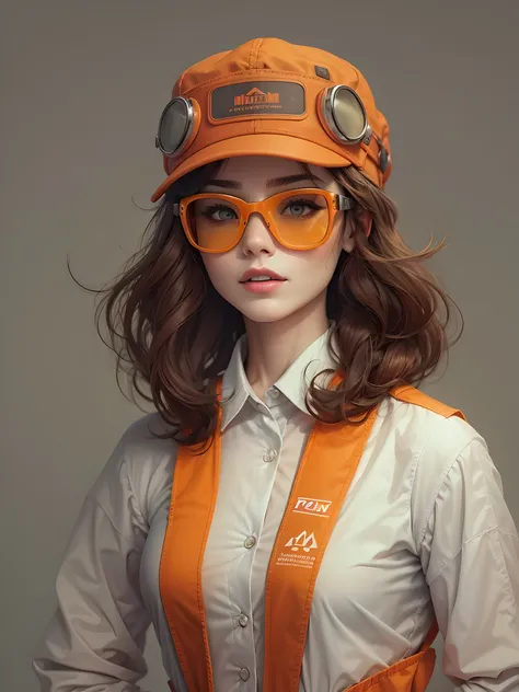 ((best quality)) , ((masterpiece)) , ((details)) ,1 female，pretty，Very dark inside，Newsboy hat，chestnut hair，lace,Fluorescent orange，goggles，corporate branding style. professional, clean, modern, sleek, minimalist, business-oriented, highly detailed