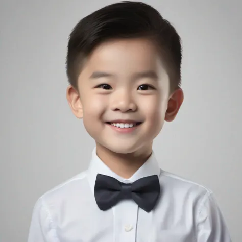 Modern style,White background,Chinese childrens ID photo,handsome,Smiling boy,Dark eyes,flathead,Bow tie,8k, RAW photo, portrait, best quality, ultra high res, photorealistic,