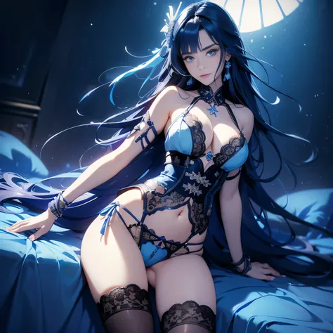 ((Raiden Shogun in Genshin Impact)),solo,((semi long beautiful dark blue hair,beautiful blue eyes)),
Vulgar,low angle,from below,cleavage,((light blue elegant beautiful laced camisole and panties)),  ((masterpiece, highest resolution)), (beautiful illustra...