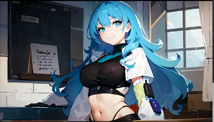 Anime girl with blue hair and black stockings posing in a room, anime moe art style, mikudayo, (SFW) seguro para el trabajo, mejor valorados en pixiv, miku, estilo anime 4k, pintado en estudio de pintor anime, kantai collection style, chica anime seductora...