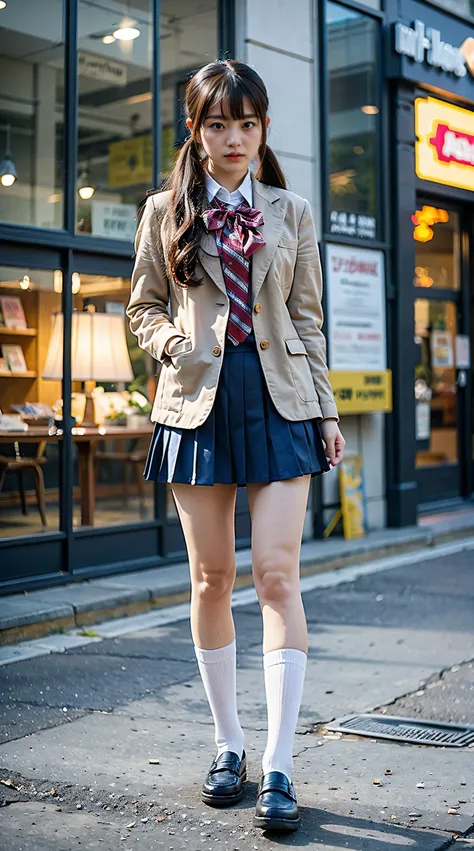 (8k、raw photo、highest quality、masterpiece:1.2)、(realistic、photoreal)、1 girl、((check mini skirt、loafer uniform、blazer、knee socks、...